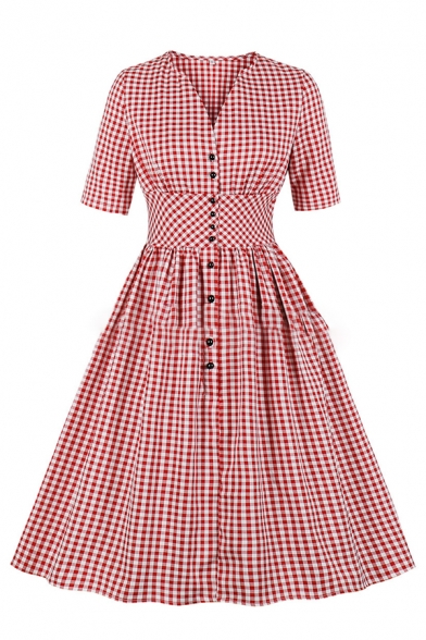 Chic Girls' Red Short Sleeve V-Neck Button Down Plaid Pattern Pleated Mid Flared Dress
