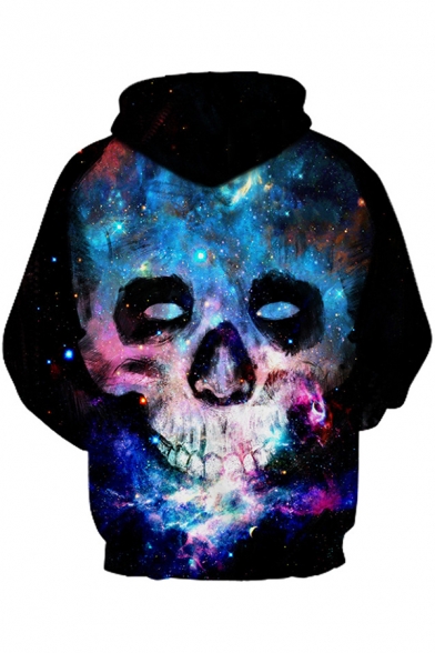 Colorful Galaxy Skull 3D Pattern Long Sleeves Relaxed Fit Black Pullover Hoodie