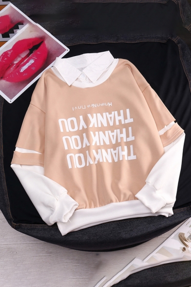 Cool Casual Girls' Long Sleeve Lapel Neck Letter THANK YOU False Two Piece Loose Pullover Sweatshirt