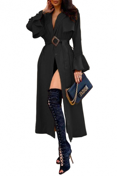 Cool Elegant Women's Long Sleeve Shawl Collar Belted Button Front Ruffled Trim Slit Front Plain Fitted Long Trench Coat