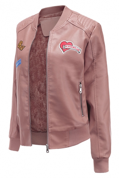 Cool Girls' Long Sleeve Zipper Front Letter BEST JEANSWEAR WEAR-F-S Heart Printed Sherpa Lined Slim Fit Leather Jacket