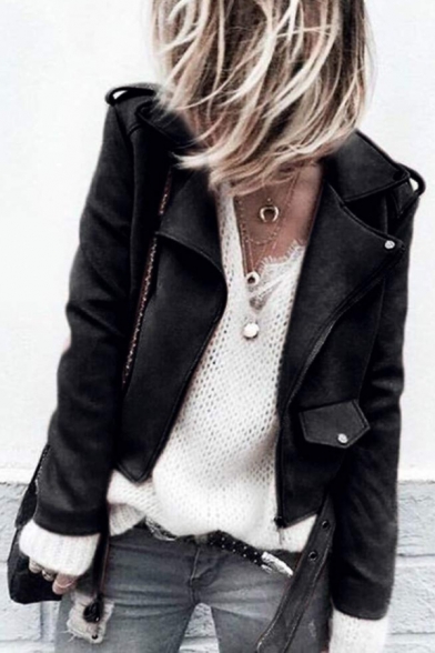 Cool Street Long Sleeve Peak Collar Flap Pockets Button Detail Eyelet Belt Leather Plain Slim Fit Jacket for Women