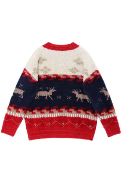 Cute Color Block Reindeer Pattern Long Sleeve V-Neck Fluffy Knit Slouchy Christmas Sweater