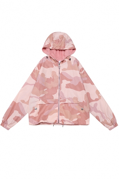 Cute Fashion Girls' Long Sleeve Hooded O-Ring Zip Up Drawstring Camo Printed Pockets Oversize Jacket in Pink