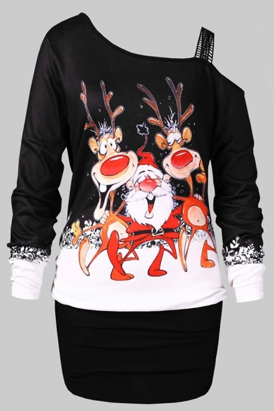 Cute Fashion Long Sleeve Asymmetric Neck Santa Claus and Reindeer Printed Contrasted Short Sheath Christmas T-Shirt Dress for Girls