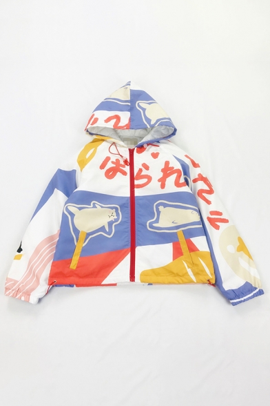 Cute Girls' Long Sleeve Hooded Zipper Front Cartoon Printed Contrasted Baggy Crop Jacket in White