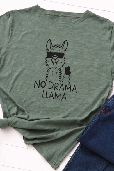 Cute Roll Up Sleeve Crew Neck Letter NO DRAMA LLAMA Alpaca Pattern Loose Tee for Girls