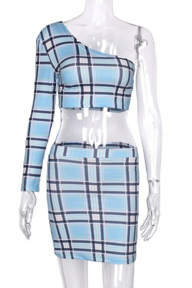 Edgy Womens Casual Plaid Print One Shoulder Long Sleeve Crop Top with Mini Bodycon Skirt