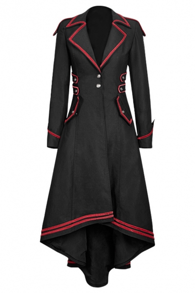 Fancy Ladies' Long Sleeve Peak Collar Button Detail Flap Pockets Contrast Piped Pleated Maxi Dress Coat in Black
