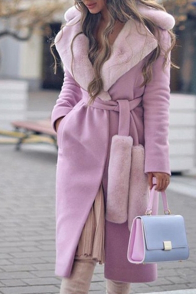 

Fancy Street Ladies' Long Sleeve Exaggerate Collar Tied Waist Shearling Patched Long Relaxed Wrap Wool Coat in Pink, LM579214