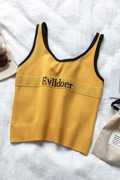 Fashion Girls' Sleeveless Letter EVLLDOER Printed Contrast Piped Knit Fitted Cami Top
