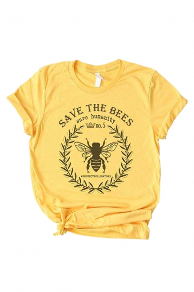 Fashion Girls' Yellow Roll Up Sleeve Crew Neck Letter SAVE THE BEES Bee Print Fitted T-Shirt