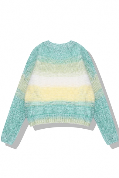Fashion Ladies' Long Sleeve Crew Neck Ombre Cable Knit Boxy Pullover Sweater