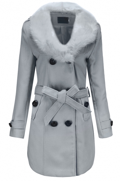 Fashion Women's Long Sleeve Fluffy Collar Double Breasted Bow Tie Waist Slim Fit Plain Mid Coat