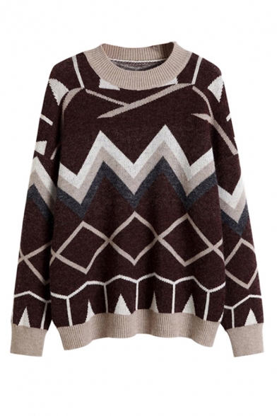 Female Classic Long Sleeve Crew Neck Geo Printed Relaxed Fit Knit Pullover Sweater Top