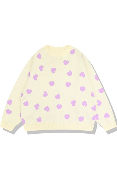 Girls' Cute Chic Long Sleeve Crew Neck Heart Printed Baggy Purl-Knitted Pullover Sweater