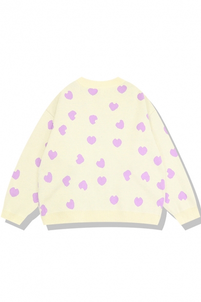 Girls' Cute Chic Long Sleeve Crew Neck Heart Printed Baggy Purl-Knitted Pullover Sweater