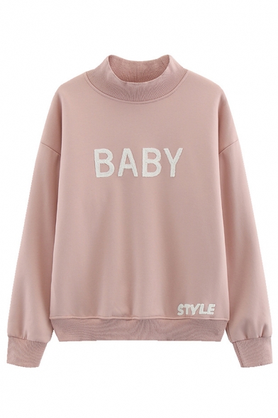 Girls' Cute Long Sleeve Mock Neck Letter BABY Style Fluff Liner Baggy Pullover Sweatshirt in Pink