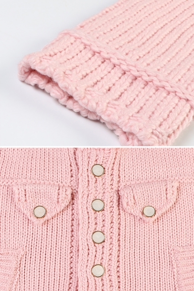 Girls' Cute Pink Long Sleeve Lapel Neck Button Down Pockets Side Chunky Knit Relaxed Cardigan