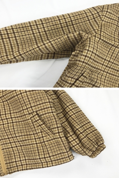 Girls Cute Thick Long Sleeve Lapel Collar Zipper Front Bear Print Plaid Pattern Reversible Oversize Crop Teddy Jacket in Khaki