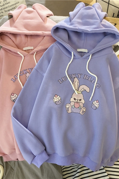 Girls' Lovely Long Sleeve Drawstring Letter LUCKY BLDG Rabbit Pattern Oversize Bunny Ear Hoodie