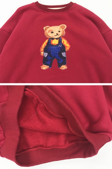 Girls Retro Cartoon Bear Printed Long Sleeve Round Neck Thick Oversized Sweatshirt