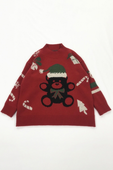 Girls Stylish Christmas Teddy Bear Pattern Long Sleeve Loose Knitted Pullover Sweater