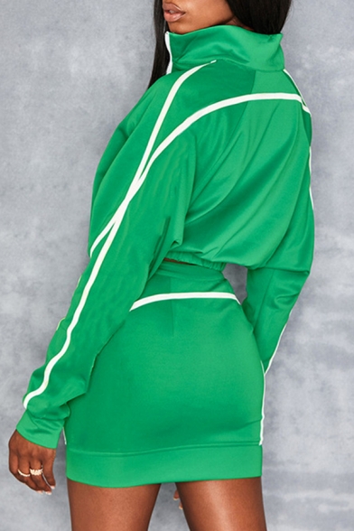 Green Active Striped Print Long Sleeve Zip Up Sweatshirt Coat with Zipper Front Mini Skirt