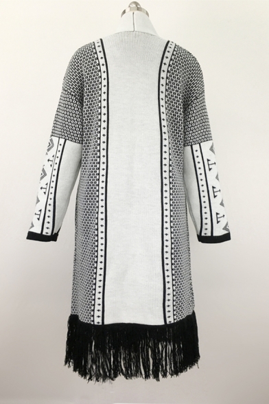 Ladies' Cool White Long Sleeve Geo Printed Fringe Trim Maxi Oversize Purl-Knit Fair Isle Cardigan Sweater