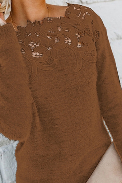 Ladies' Pretty Long Sleeve Boat Neck Floral Embroidered Lace Trim Hollow Loose Fit Plain Cashmere Pullover Sweater Top