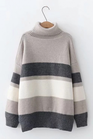 Ladies Simple Wide Stripes Printed Long Sleeve Turtle Neck Oversized Pullover Sweater