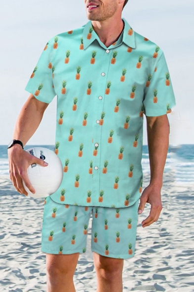 Leisure Cartoon Pineapple Boat Floral Graffiti Pattern Short Sleeve Button Up Loose Beach Shirt