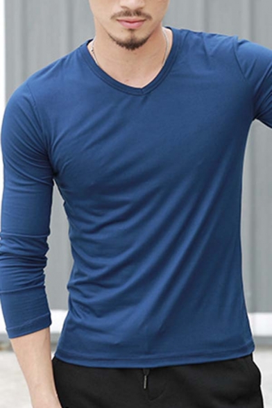 frivillig tin sovende Men's Simple Long Sleeve V-Neck Long Sleeve Slim Fit Solid Color T-Shirt  Top - Beautifulhalo.com