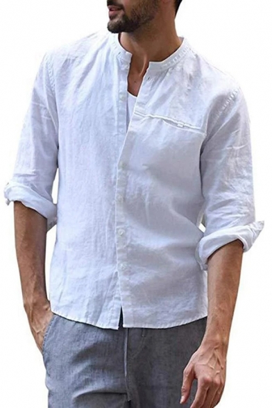 Men's Simple Whole Colored Long Sleeves Relaxed Fit Button Up Linen Shirt Top