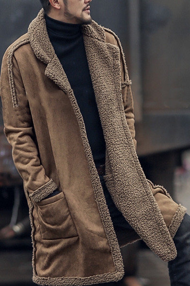 Mens Classic Plain Long Sleeve Open Front Longline Faux Fur Coat with Pocket
