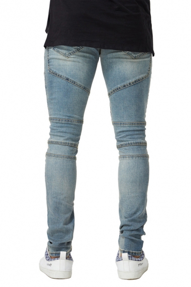 Mens Fashion Plain Pleated Crumple Detail Ripped Shredded Patch Retro Fitted Jeans