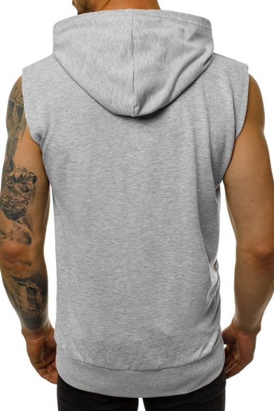 Mens Popular Solid Color Full Zip Sleeveless Hoodie with Pocket