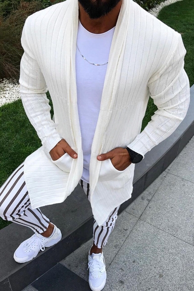 Mens Simple Plain Long Sleeve Ribbed Knit Slim Fit Tunic Cardigan with Pocket