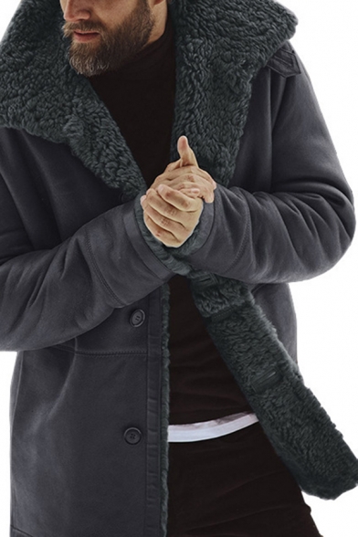 Mens Warm Solid Color Long Sleeve Button Down Faux Fur Lined Winter Coat Jacket