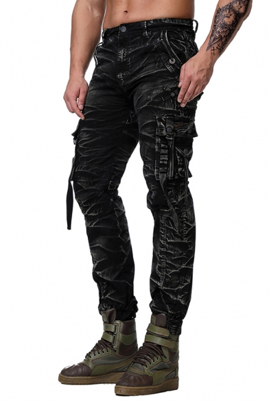 Military Style Plain Zip Fly Ribbon Decoration Loose Fit Camouflage Pants Cotton Trousers