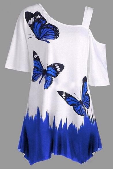 Popular Girls' Short Sleeve One Shoulder Butterfly Printed Contrasted Asymmetric Relaxed Fit Tee