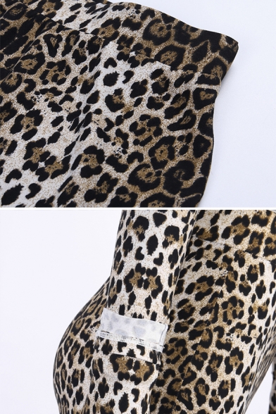 Simple Leopard Print Square Neck Glove Long Sleeve Crop Top with Mini Skirt Skinny Co-ords