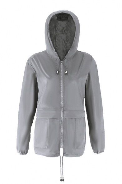 Sport Casual Plain Long Sleeve Hooded Drawstring Zipper Front Baggy Trench Coat for Women