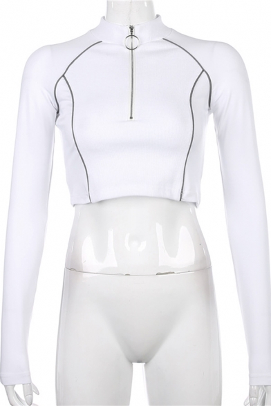 Sport Style Reflective Striped Long Sleeve Zip Placket Crop Top with Pants Skinny Co-ords