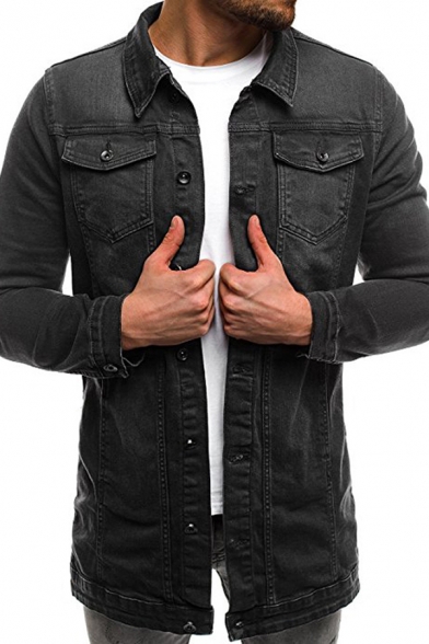 Street Style Men's Shredded Chest Pocket Long Sleeves Button Up Slim Fit Tunic Denim Jacket