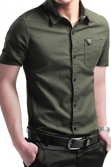 Mens Solid Color Summer Short Sleeve Stylish Slim Button Down Dress Shirts
