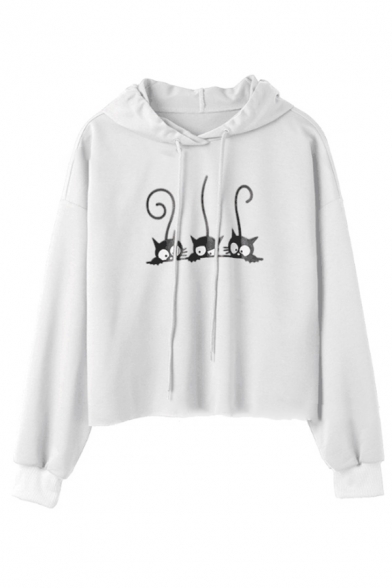 Unique Cartoon Cats Printed Long Sleeve Cropped Drawstring Hoodie in Loose Fit