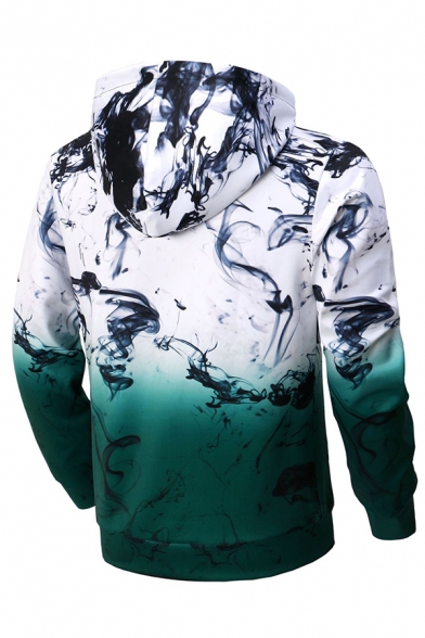 Unique Chinese Style Ink Painting Letter Printed Color Block Long Sleeve Pullover Hoodie