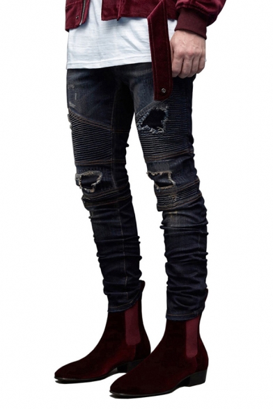 Unique Pleated Crumple Detail Ripped Patchwork Skinny Fit Streetwear Jeans