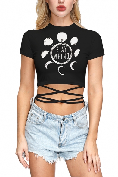 Unique STAY WEIRD Letter Moon Phase Hand Skeleton Print Short Sleeves Tied Hem Black Fitted Tee